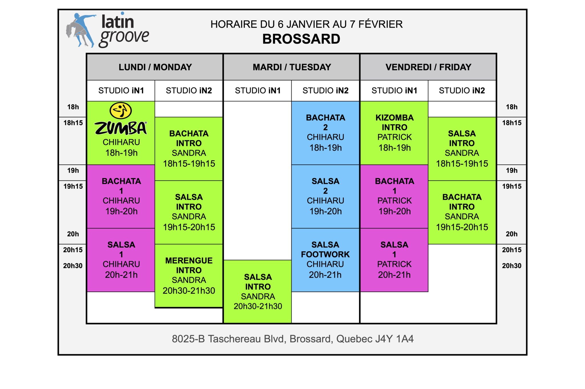 6 Jan brossard 2025 schedule Latin Groove Latin Groove Dance School